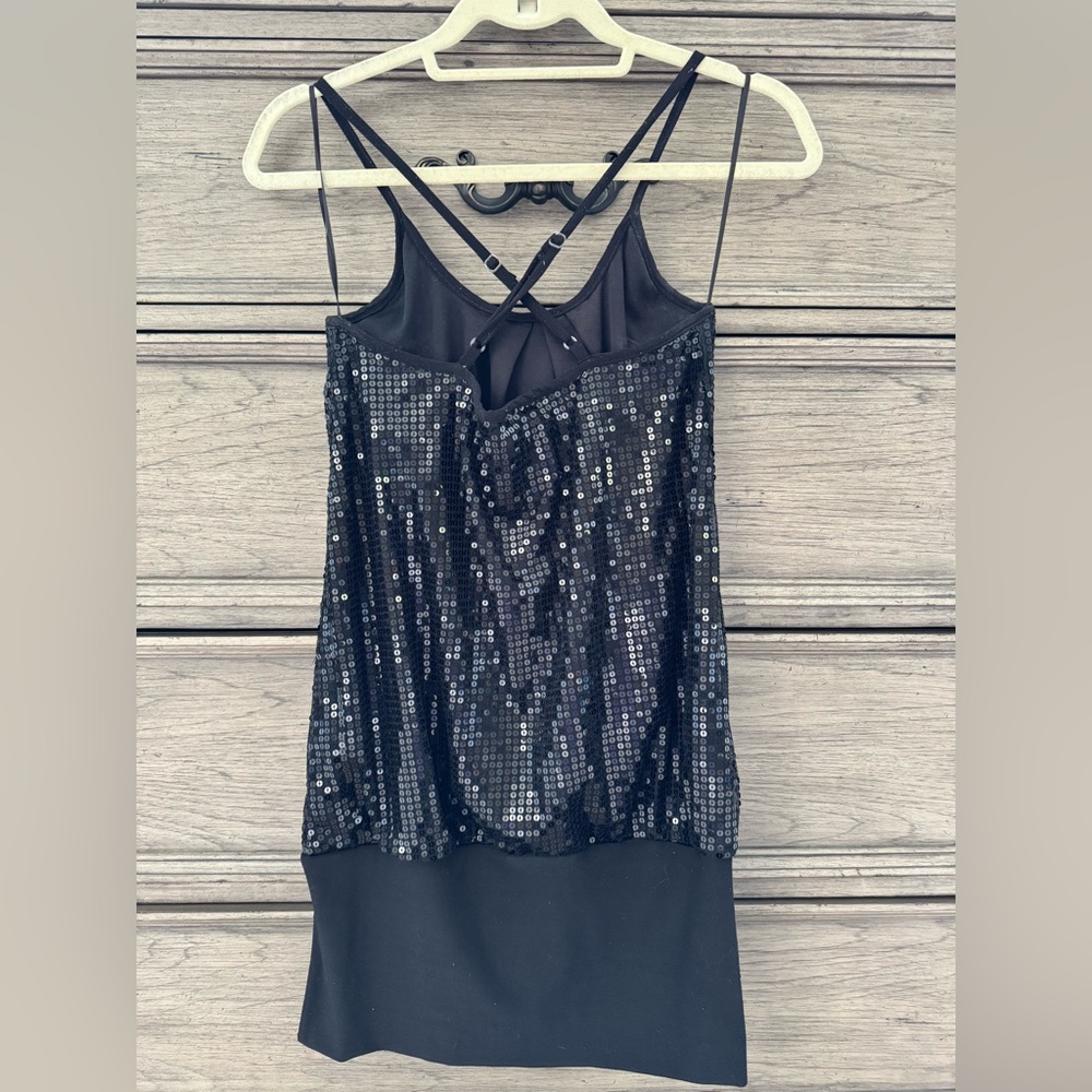 Black Sequin Dress Sleeveless Drop Waist Y2k Spaghetti Straps Criss Cross Beaded - Picture 6 of 9